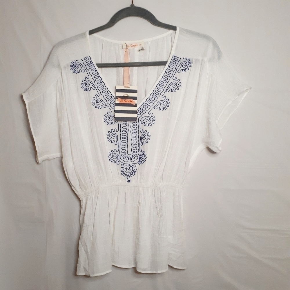 Le Sample Boho Embroidered V-Neck Short Sleeves Blouse Semi-Shear Sz/ S